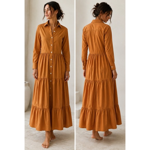 Laboratorio Capri Dresses & Skirts - Laboratorio Capri Italy Ochre Cotton Tiered Maxi Shirt Dress Womens 38 / Small
